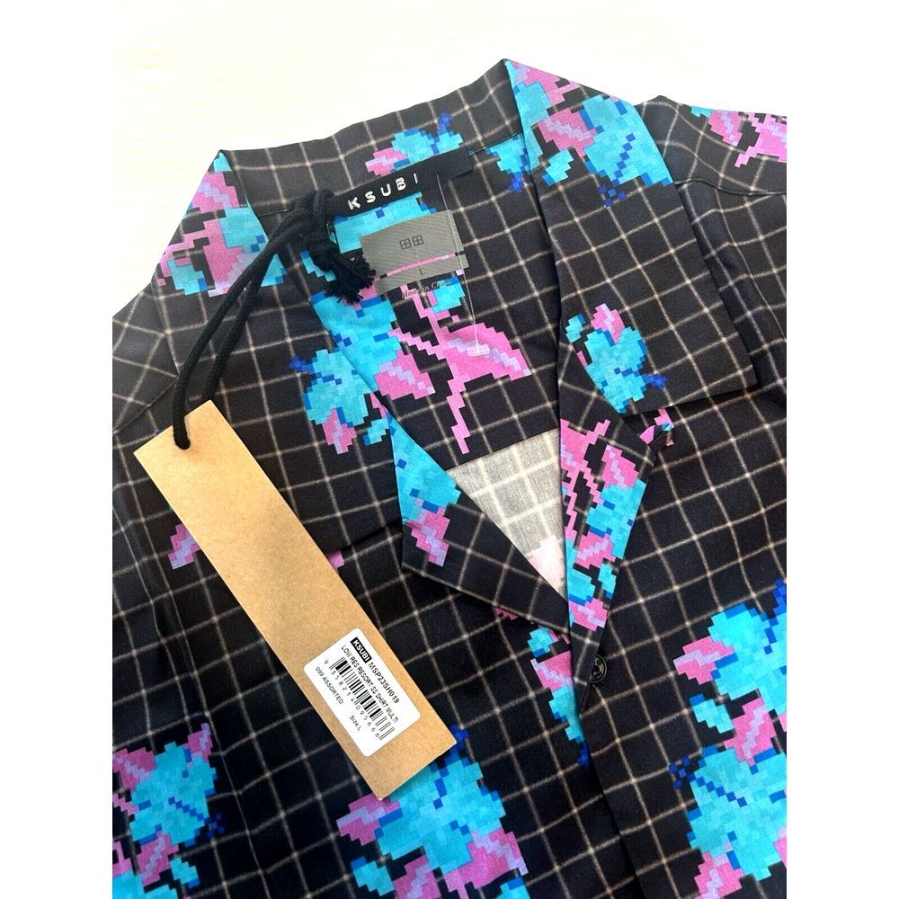 Ksubi Black Button-Down Shirt with Blue and Pink Pixel Floral Pattern